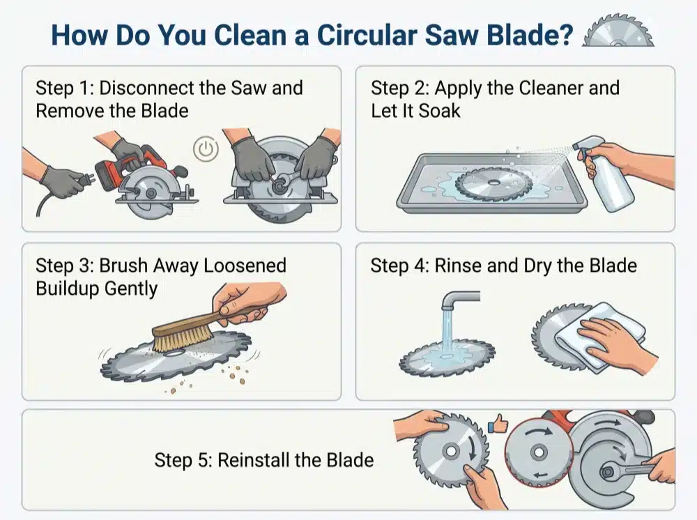 A 5-step visual guide illustrating how to clean a circular saw blade, including disconnecting power, applying cleaner, brushing away buildup, rinsing and drying, and reinstalling the blade.