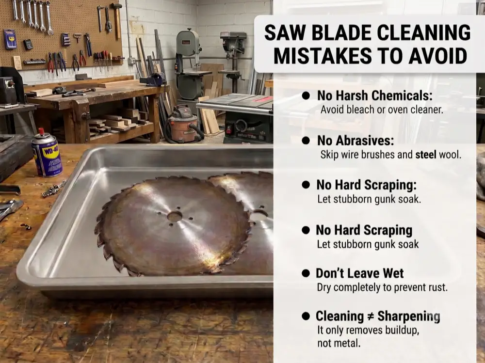 An infographic titled "Saw Blade Cleaning Mistakes to Avoid" showing a dirty circular saw blade soaking in a clean metal tray inside a woodworking workshop, with a text list explaining proper cleaning methods.