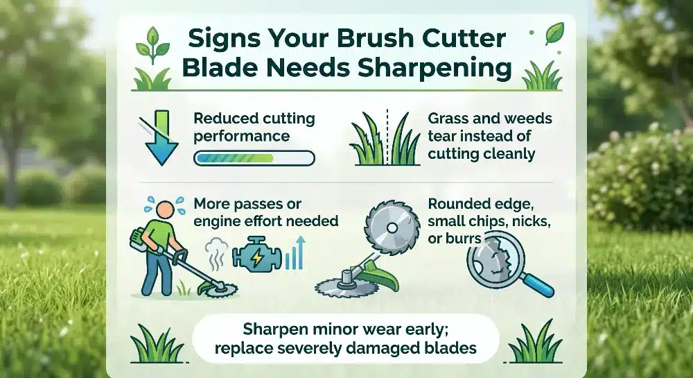 Infographic illustrating signs your brush cutter blade needs sharpening, including reduced performance, torn grass, increased engine effort, and visible blade damage.