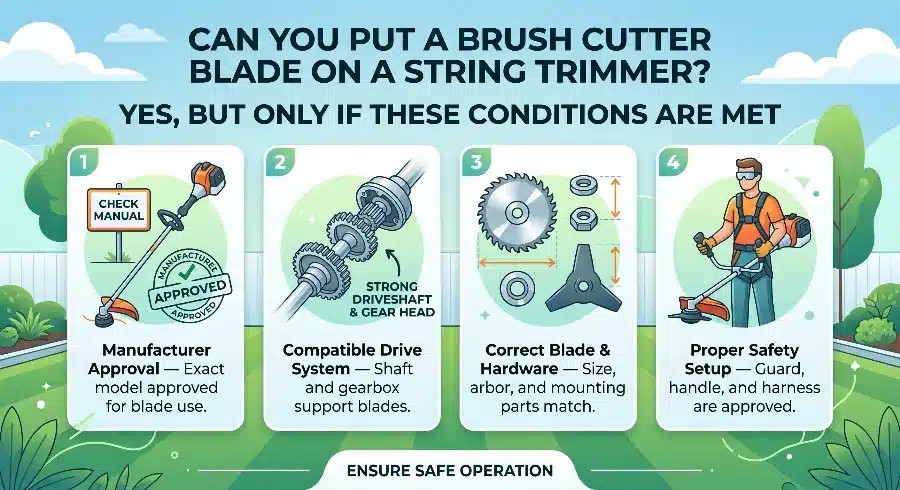 Infographic detailing the four essential requirements for installing a brush cutter blade on a string trimmer: manufacturer approval, compatible drive system, correct hardware, and proper safety setup.