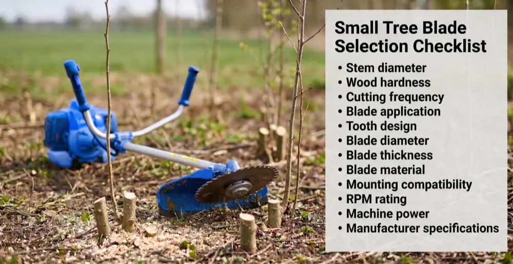 A generic brush cutter resting on the ground next to cut small tree saplings, accompanied by a small tree blade selection checklist.