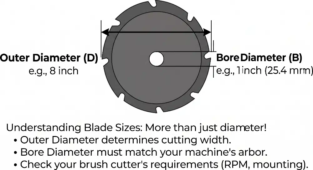A technical diagram illustrating the key dimensions of a circular brush cutter blade, with arrows clearly labeling Outer Diameter (D) and Bore Diameter (B). Below the blade drawing, a text block provides an essential installation and selection guide.