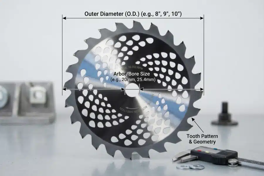 Diagram of a brush cutter blade illustrating key specifications including outer diameter, arbor bore size, and tooth pattern.