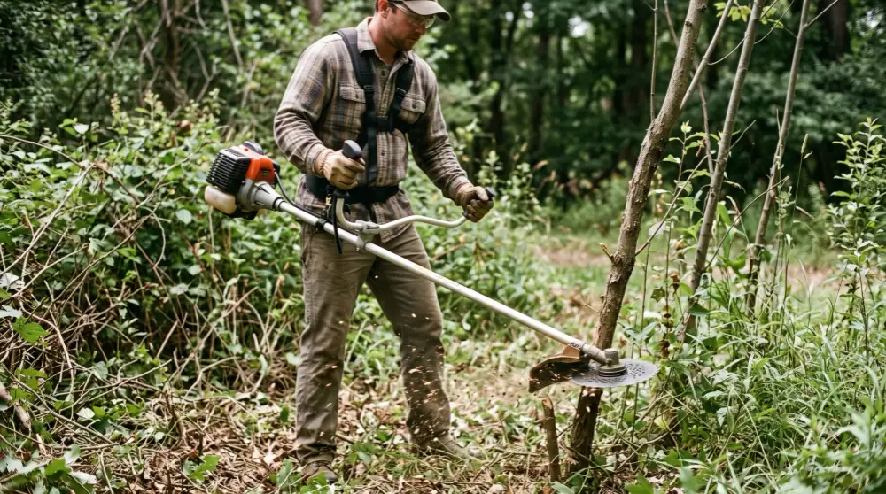 A landscaper using a heavy-duty brush cutter equipped with a circular saw blade to cut through a 1-inch sapling in a wooded area.