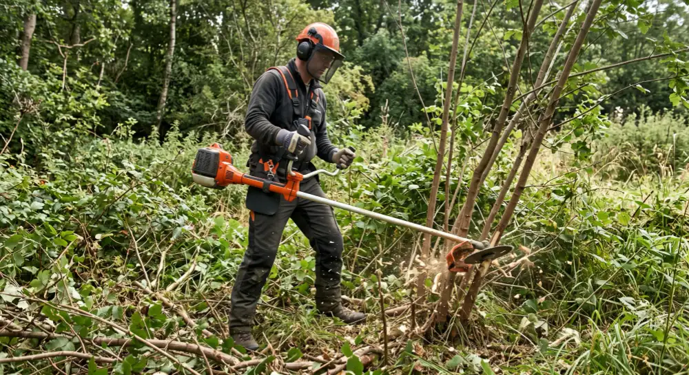 A person using a brush cutter equipped with a circular blade to cut down small trees and woody saplings.