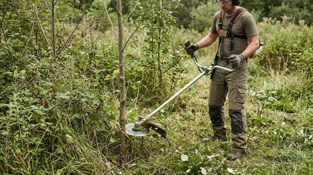 Operator using a heavy-duty brush cutter with a circular saw blade to cut down a small tree sapling in dense brush
