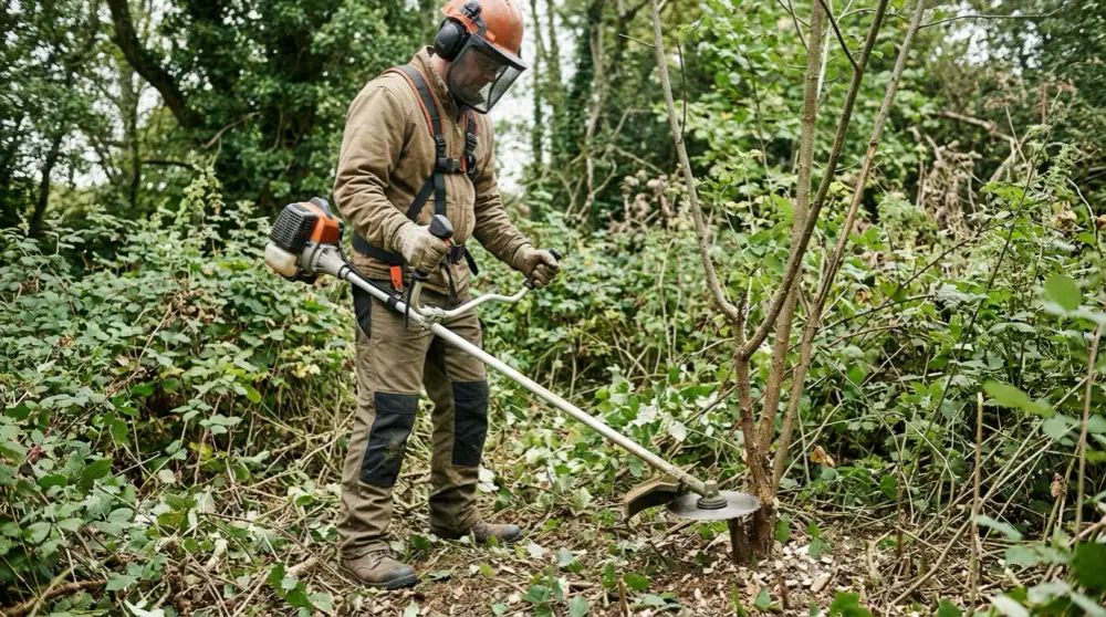 Operator wearing full safety gear using a brush cutter with a circular saw blade to cut a small tree sapling