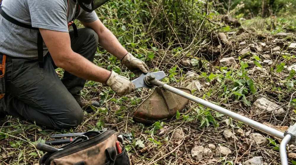 A landscaper wearing gloves kneels on rough, debris-filled ground to inspect a brush cutter blade outdoors, highlighting regular maintenance and inspection in challenging terrain.