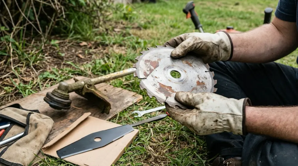 A person wearing work gloves inspects a worn, rusty, and damaged circular brush cutter blade outdoors, with a new replacement blade and tools on the ground nearby, illustrating how to check if a blade needs replacing.