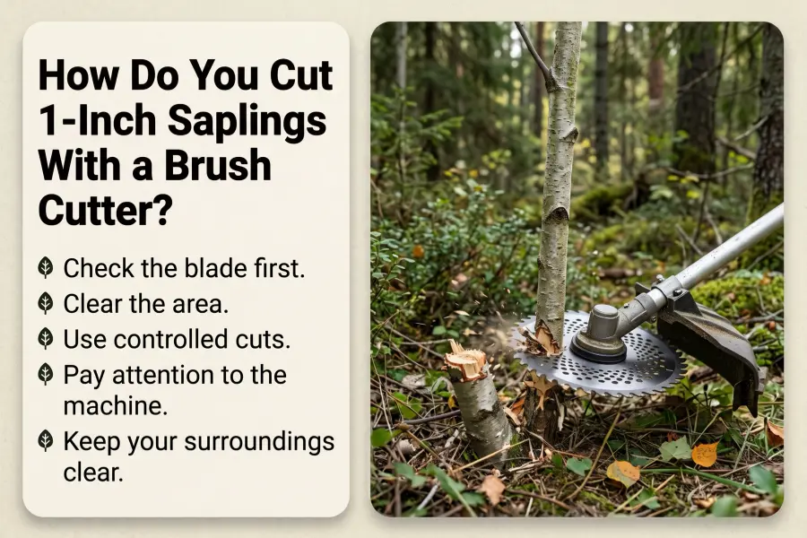 Infographic titled "How Do You Cut 1-Inch Saplings With a Brush Cutter?" showing a brush cutter blade slicing through a small sapling alongside safety and cutting tips.