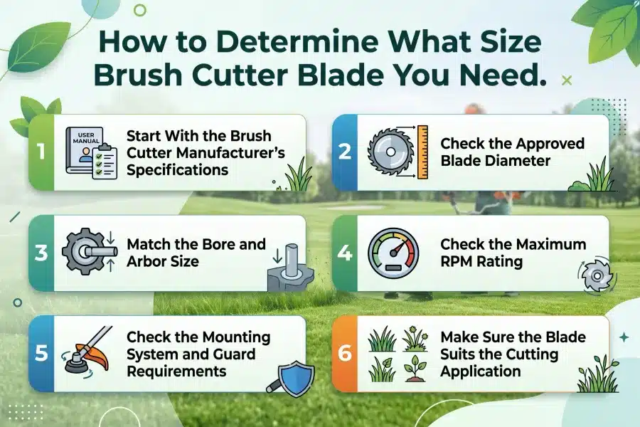 Infographic explaining how to determine what size brush cutter blade you need in 6 steps, including checking manufacturer specifications, arbor size, and maximum RPM.