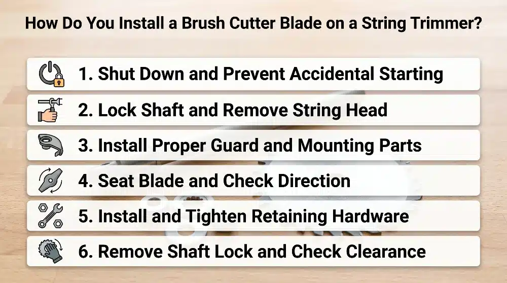6 steps to install a brush cutter blade on a string trimmer diagram