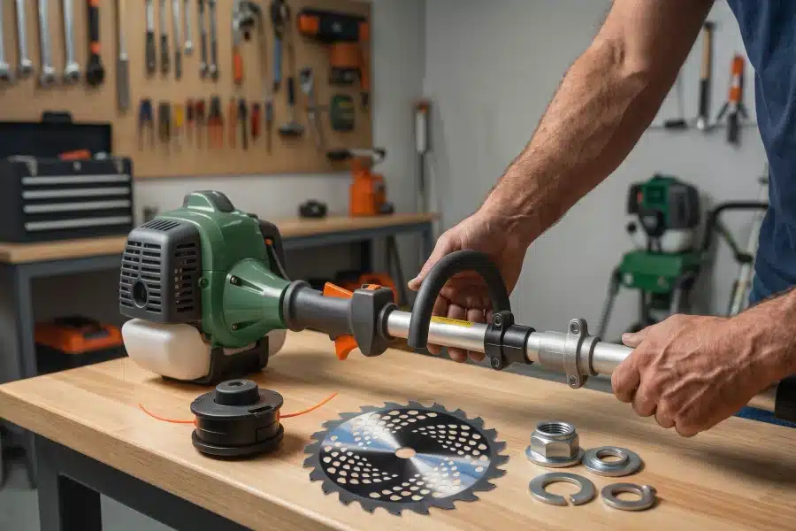 Close-up view of a person in a workshop preparing to put a metal brush cutter blade on a string trimmer. The string trimmer head, a circular metal blade, a mounting nut, and washers are laid out on the wooden workbench, showing the necessary components for the conversion process.