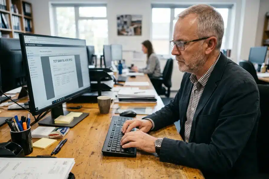 An office worker types on a keyboard, with his monitor clearly showing a 'TCT Saw Blade RFQ' (Request for Quotation) document.