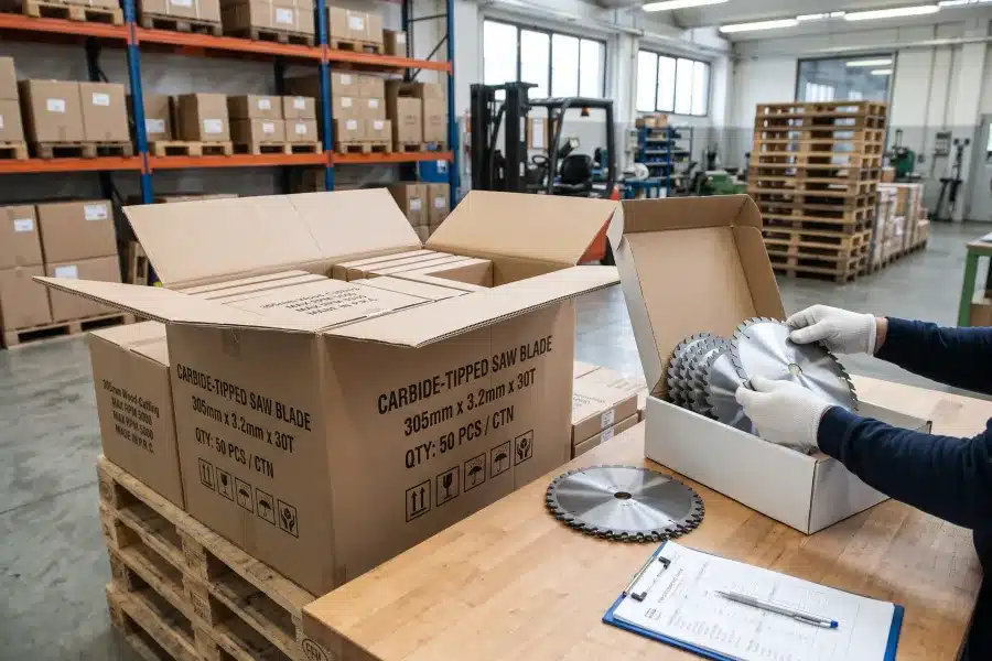 Quality control inspector opening a carton to sample carbide-tipped circular saw blades during incoming inspection