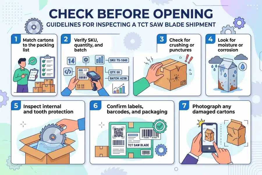7-step 'Check Before Opening' inspection checklist for TCT saw blade shipments, detailing exterior carton checks, SKU verification, and packaging assessment prior to unboxing.