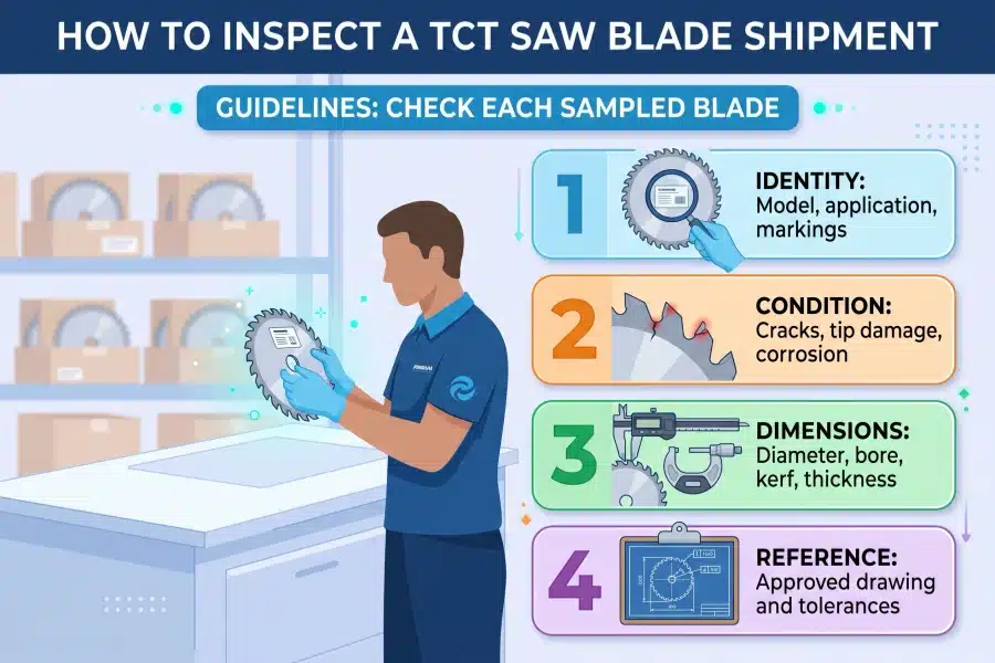 A 4-step checklist for inspecting sampled TCT saw blades, covering identity, condition, dimensions, and reference drawings during quality control.