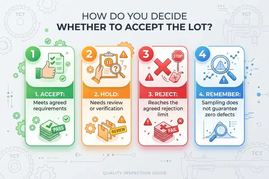 Quality inspection guide for TCT saw blade shipments explaining how to decide whether to accept, hold, or reject a lot.