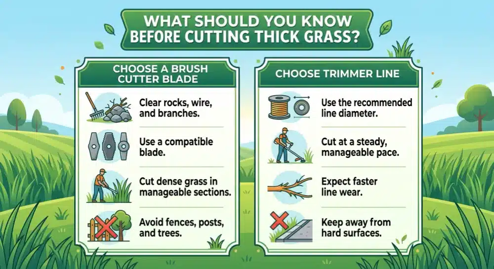 Infographic showing tips for cutting thick grass, featuring a side-by-side comparison of best practices when using a brush cutter blade versus trimmer line.