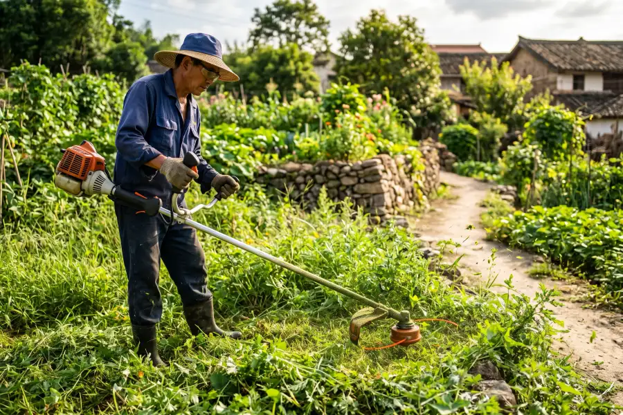 Man clearing overgrown weeds and tall grass using a gas-powered string trimmer in a rural garden