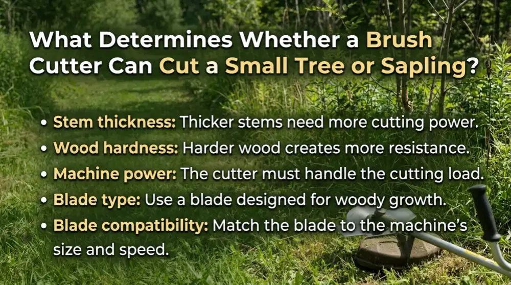 An infographic titled "What Determines Whether a Brush Cutter Can Cut a Small Tree or Sapling?" with five factors: Stem thickness, Wood hardness, Machine power, Blade type, and Blade compatibility, set against a natural outdoor grassy background with a brush cutter on the ground.