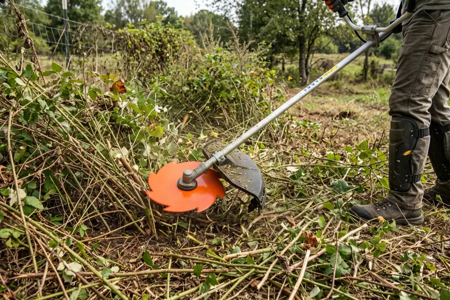 An orange 8-tooth brush cutter blade cutting through thick brush and overgrown brambles outdoors.