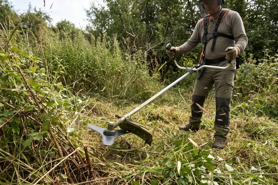 A man using a brush cutter with a 3-tooth blade to cut through thick overgrown weeds and brush in a field