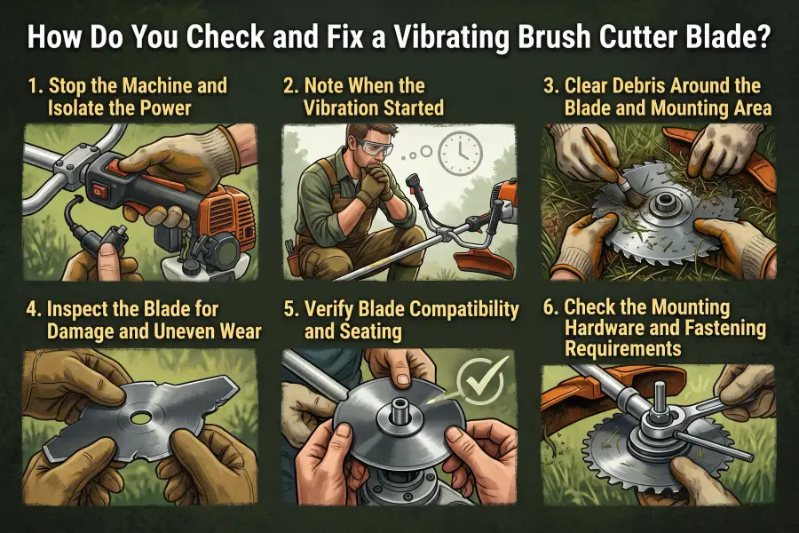 Step-by-step guide on how to check and fix a vibrating brush cutter blade, including isolating power, clearing debris, inspecting damage, verifying seating, and tightening mounting hardware.