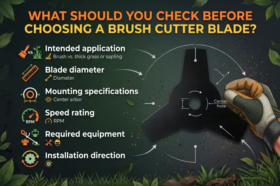Infographic showing key factors to check before choosing a 3-tooth brush cutter blade, including application, diameter, mounting specs, and installation direction.