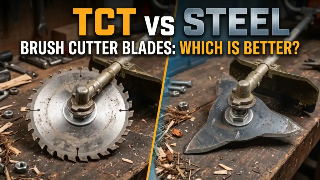 TCT vs steel brush cutter blades comparison mounted on trimmer gear heads on a workshop workbench